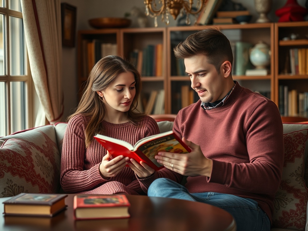 Молодая пара сидит на диване и читает книгу, вокруг уютная обстановка с полками и художественными деталями.