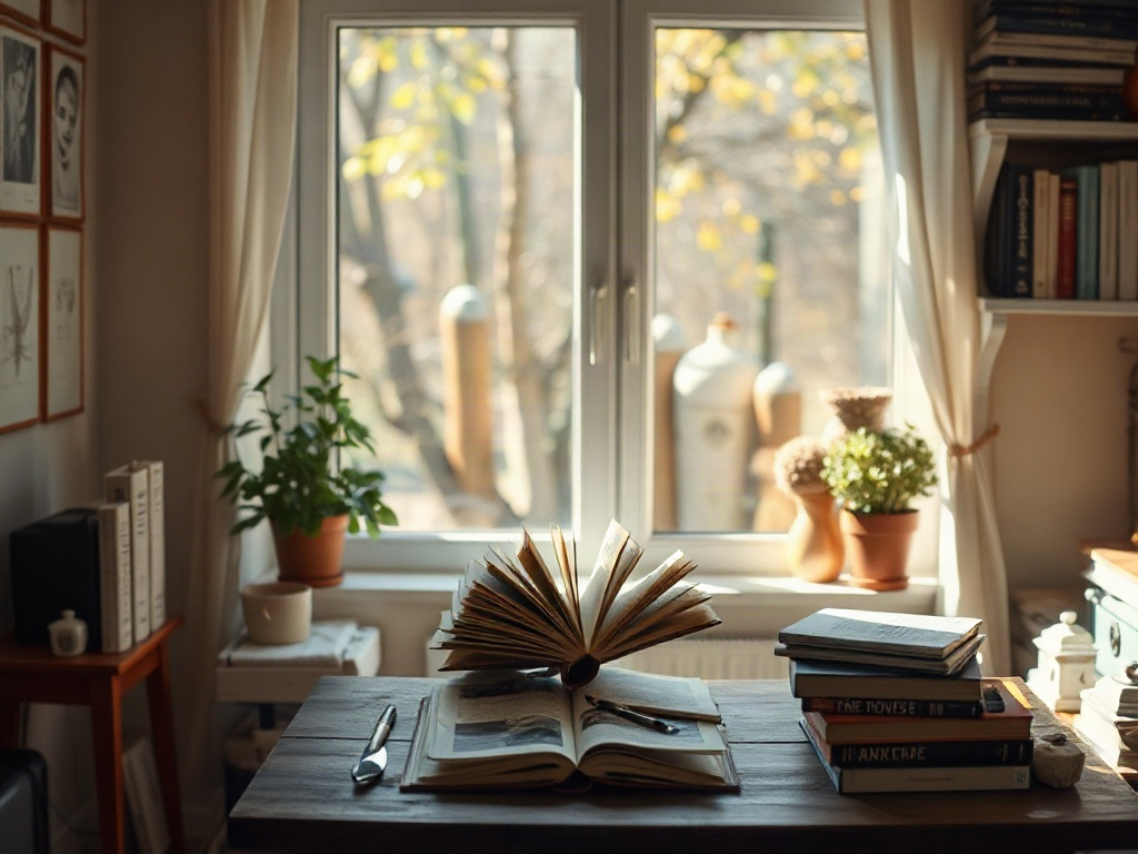 Уютный рабочий стол с книгами, открытой книгой и растением на фоне солнечного окна.