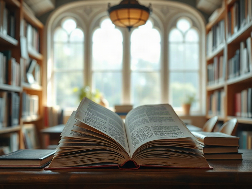 Открытая книга на столе в библиотеке, на фоне полок с книгами и большими окнами.